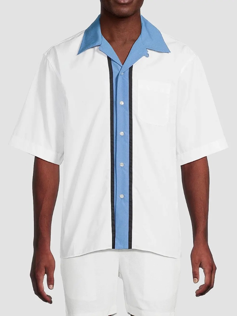 Marni Vertical Stripe White Blue Poplin Button Down Short Sleeve Bowling Shirt